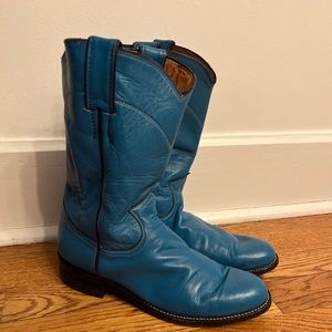 Women's VTG Justin Diamond J Turquoise Leather Roper Cowboy Boots 6B #3070L